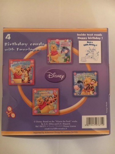 Pack Of 4 With Envelopes Disney Winnie The Pooh Birthday Cards