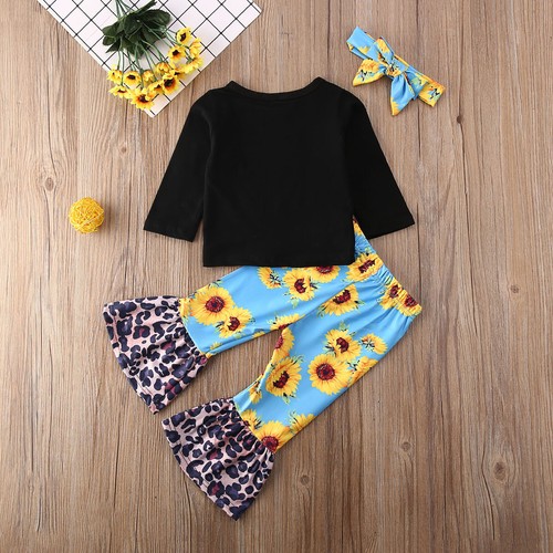 3PCS Toddler Baby Girl Clothes Tops TShirt Sunflower Flares Leopard Pants Outfit
