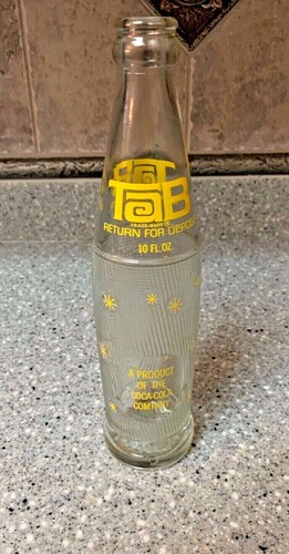 COCA COLA CO VINTAGE TAB SODA BOTTLE 10 OZ CLEAR GLASS YELLOW PRINT *BEAUTY*
