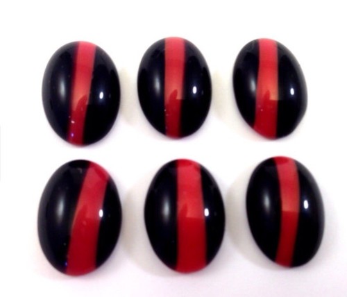 Black with Cherry Red Stripe Qty 6 Vintage 14x10mm Glass Flat Back Cabochons