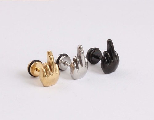 Middle Finger Silver Black Gold Stainless steel Men Screw pierced stud earrings