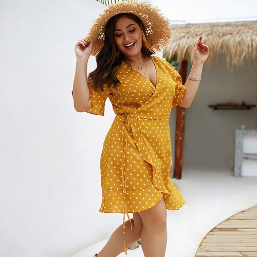 Übergröße Damen Boho Sommerkleider Strand Casual Wickelkleid Party Minikleid