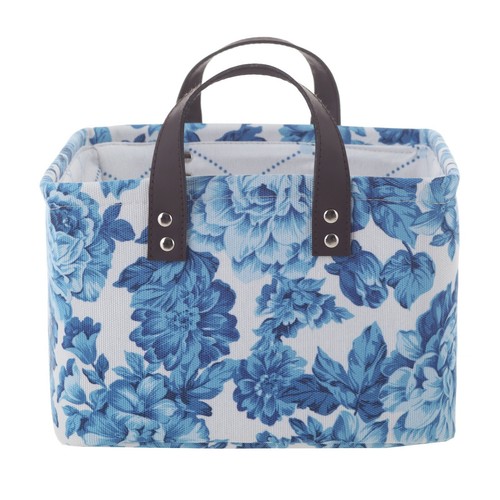 NEW NWT PIONEER WOMAN MEDIUM BLUE FLORAL CANVAS BASKET W//LEATHER HANDLES