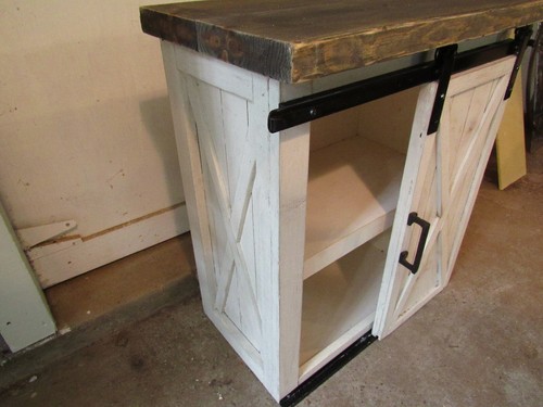 Farmhouse Night stand WITH BARN DOOR Distressed nightstand with X door and side