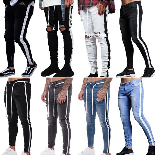 Herren Röhrenjeans Skinny Jeans Seitenstreifen Zerrissen Denim Bleistift Hosen