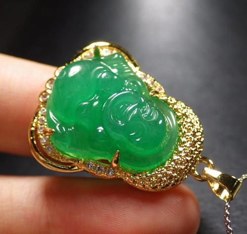 286623 US Gold Plate Green JADE Pendant Buddha Necklace Diamond Imitation