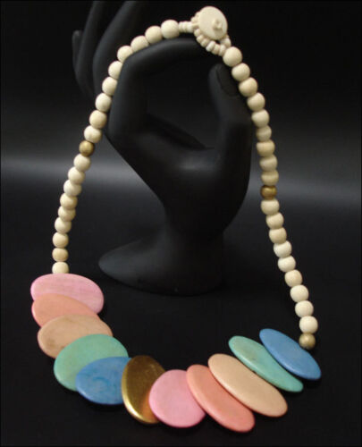 Schmuck Halskette Holzkette Holzplättchen mehrfarbig 55cm Bunt #7