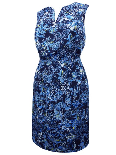 Jessica London Bleu Marine Sans Manches Imprimé Floral Plissée Taille Robe Tailles 20 24 28