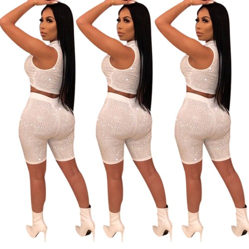 Women 2 Piece Outfits Sleeveless V-Neck Crop Top Shorts Set Casual Jumpsuit ZG9