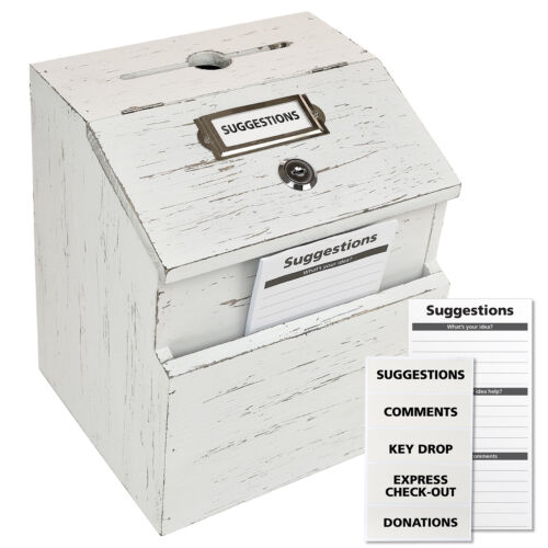 Includes Labels /& Suggestion Pads Cards Rustic Suggestion Box with Lock