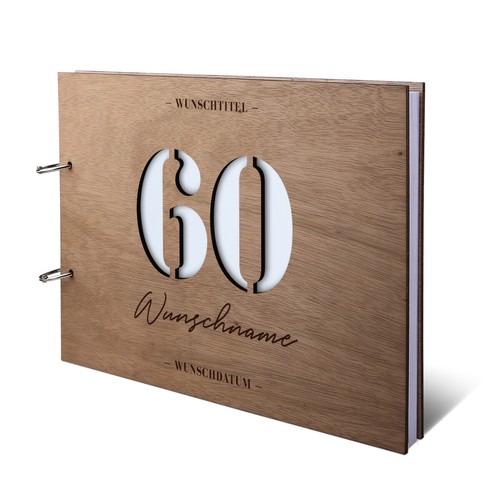Runder Geburtstag Gästebuch individuelle Gravur Holz A4 quer Lasercut 60 Jahre