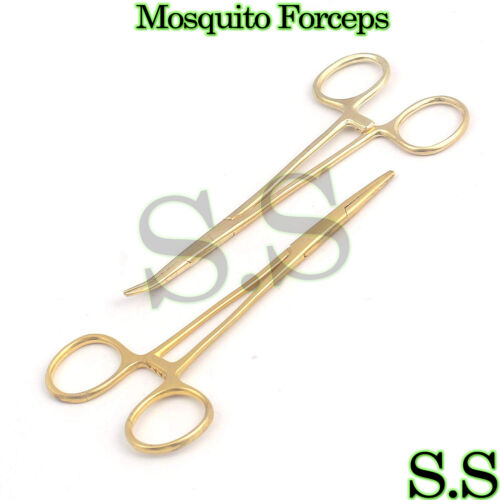 2 Mosquito Hemostat Locking Forceps 5/" Straight /& Curved Full Gold