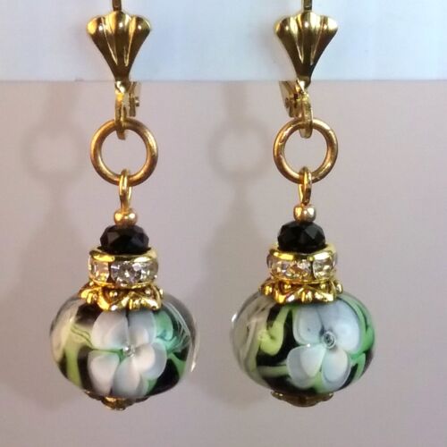Floral Lampwork Bead Earring Black White Swarovski Rondelle Accents Handmade