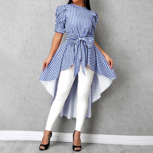 ZANZEA Women Short Sleeve Bowknot High Low Stripe Shirt Irregualr Hem Top Blouse