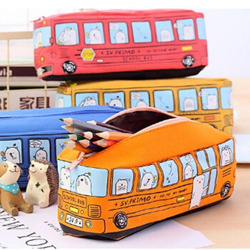 Cartoon Canvas Bus Pen Pencil Case Bag Box Storage Large Zipper School Kids FI