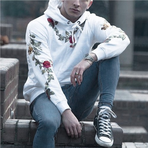 Winter Mens Floral Printing Pullover Sweatshirt Hooded Sweater Tops Plus Size