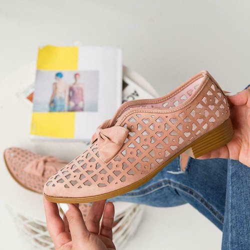Womens Ladies Hollow Loafers Brogue Bow Slip On Flats Work Office Casual Shoes