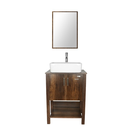 24/" Bathroom Vanity Cabinet W// Mirror Rectangl Ceramic Sink Faucet Combo Brown