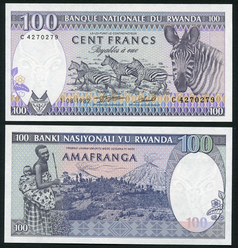 Zebra African Animals P18 UNC Rwanda 100 francs 1982.08.01