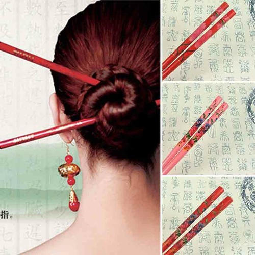 2X Handmade Printed Hair Stick Vintage Natural Wood Chinese Traditional Hairpin