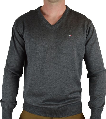 Tommy Hilfiger Pullover Grau V-Neck Classic Tommy Logo Flagge BLACK Week SALE
