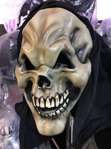 LATEX HOODED SKELETON MASK HALLOWEEN SKULL HORROR MASK w// ATTACHED FABRIC HOOD