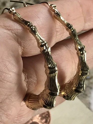 GOLD Bamboo earring Round HOOP earring 10k real Yellow 5.1g 45mm