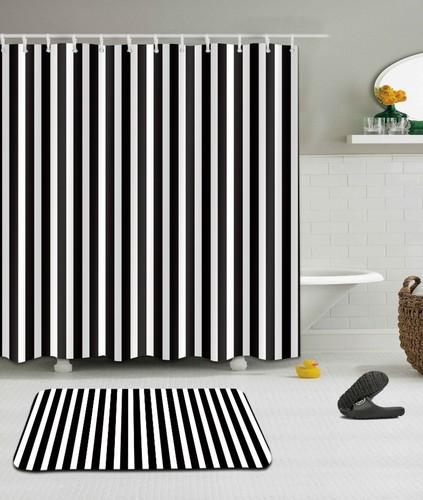 71X71/" Waterproof Bathroom Shower Curtain Black White Stripes Hook Bath Mat Rug