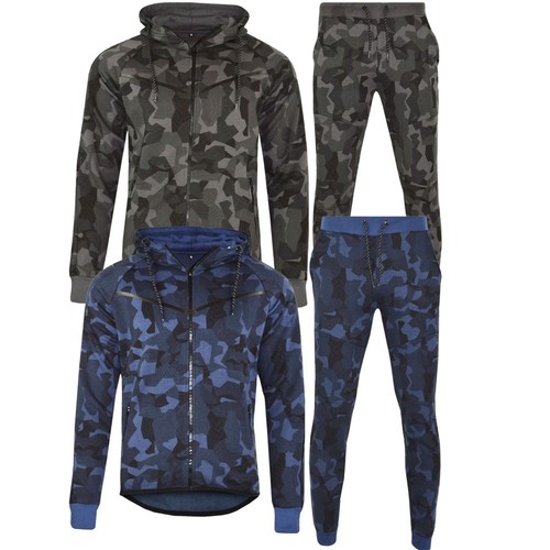 Mens Slim Fit Full Zip Hoodie Tracksuit Camo Joggers Pants Bottoms Jacket Top