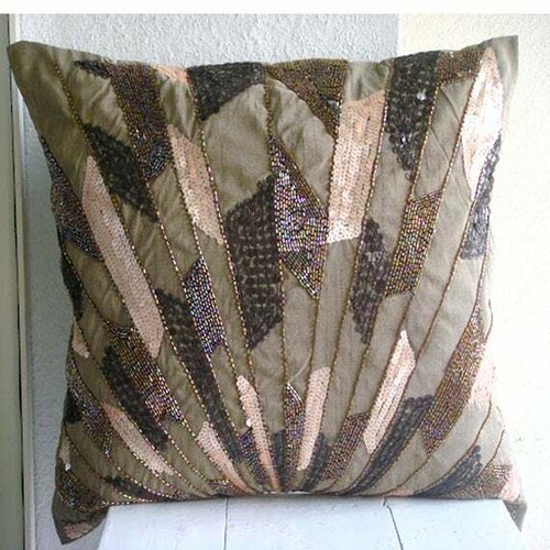 Brown Sequins /& Beaded 16X16 inch Silk Throw Pillows Cover Glamorous Streaks
