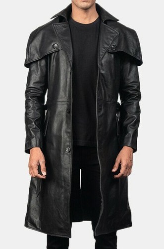 Mens Leather Trench Coat Genuine Lambskin Long Jacket Knee Length Winter Coat