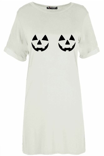 Womens Halloween Skull Teeth Pumpkin Ladies Spooky Lagenlook Tunic T-Shirt Dress