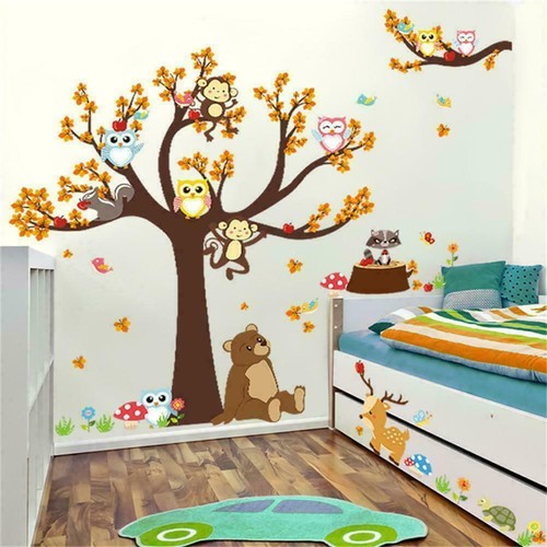 Owl Wall Stickers Monkey Animal Jungle Zoo Tree Nursery HOT Kids Baby Room G2U9