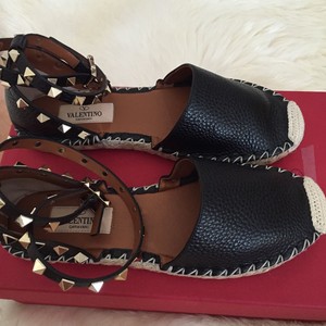 NIB-Valentino-Rockstud-Leather-Ankle-Wrap-Espadrille-Sandals-Black-size-35-40