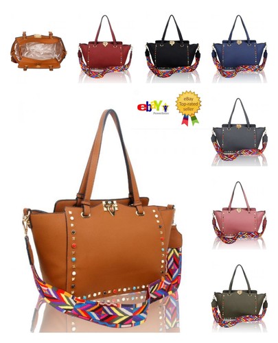 New Women/'s Gems Embellished Large Size Tote Hand Bag With Multi Colored Strap