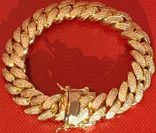 Estampado Chapado en Oro Pulsera Diamante Completamente Helado Laboratorio 14K Totalmente nuevo para hombre 14mm