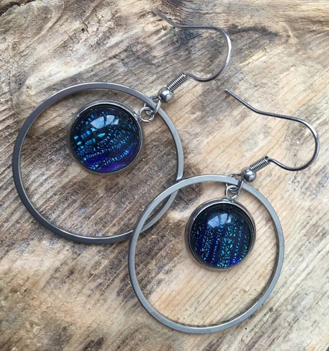 Stainless steel Hypoallergenic Blue Dichroic Glass Hoop Dangle Earrings