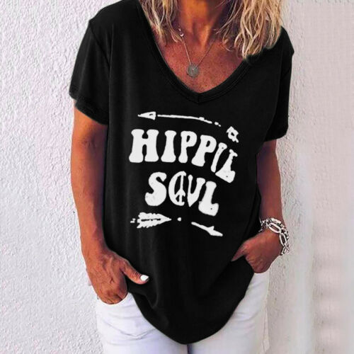 Womens Casual V Neck T-shirt Short Sleeve Letter Print Blouse Tops Plus Size