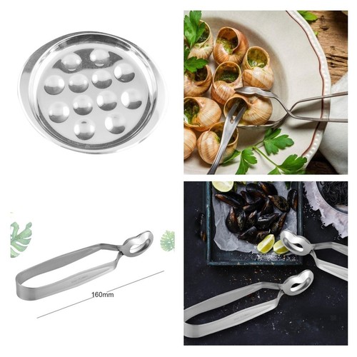 2 Escargot Dish Snail Plate 12 Hole Stainless Steel with tongs