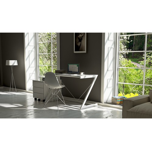 Schreibtisch 120 Z-Line TV-Rack in weiß mit Metallrahmen und Sicherheitsglas