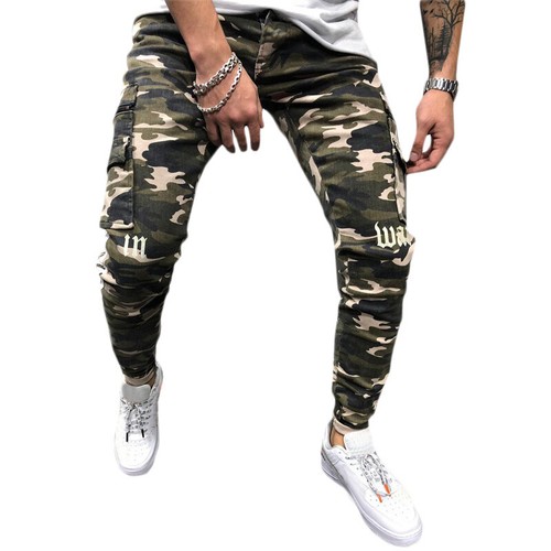Mens Skinny Camo Military Cargo Jeans Biker Pocket Denim Pants Slim Fit Trousers