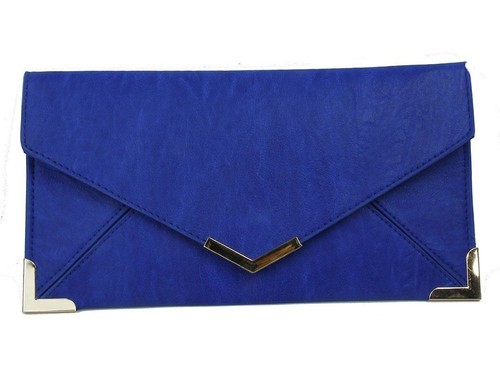 WOMENS FLAT ENVELOPE GOLD TRIM FAUX LEATHER CLUTCH PURSE SHOULDER HAND BAG