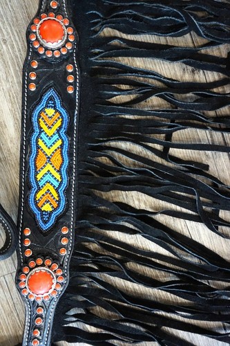 Showman Red Stud BLACK Leather Beaded Bridle Suede FRINGE Breast Collar Rein SET