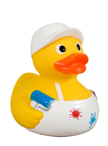 Badeente Lackierer Quietscheente Maler mit Latzhose Gummiente mit Farbrolle
