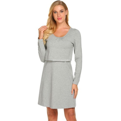 Frauen beiläufige lange Hülsen Doppelschicht gefaltetes stilles Kleid ElR8