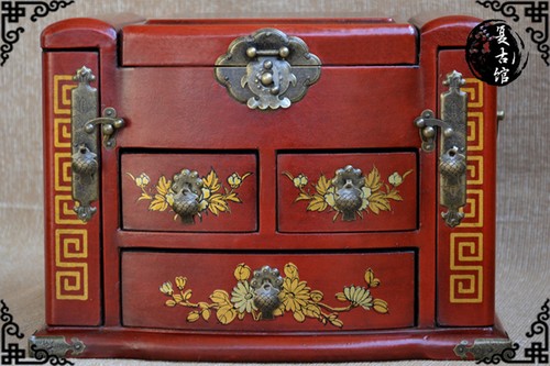New Large Red Chinese Painted Lacquer Jewellery Box with Mirror