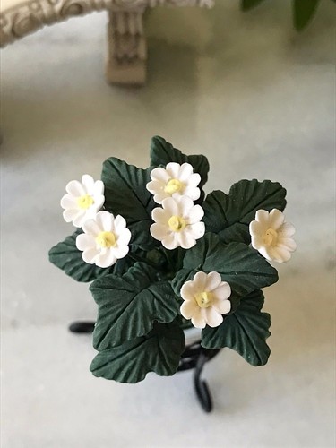 Miniature Dollhouse FAIRY GARDEN ~ White Flowers Pot w Black Wire Planter Stand