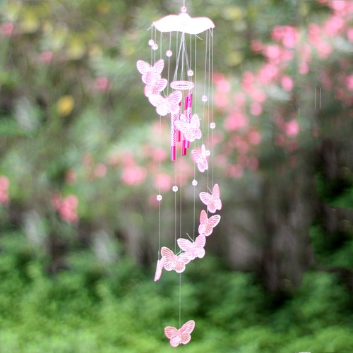 Pink Butterfly Wind Chime Bell Ornament Yard Garden Hanging Decor Art