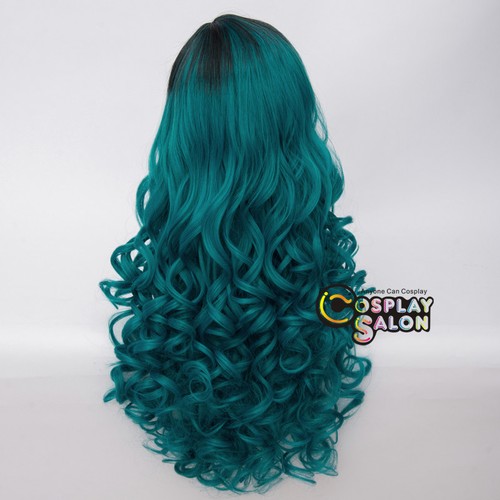 Cap Lang 60CM Curly Türkis Grün gemischt schwarze Lolita Anime Cosplay Perücke