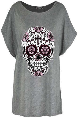 Femme Femmes Surdimensionné feuille d/'or crâne Turn Up Cap Manches Baggy Tee Top T Shirt